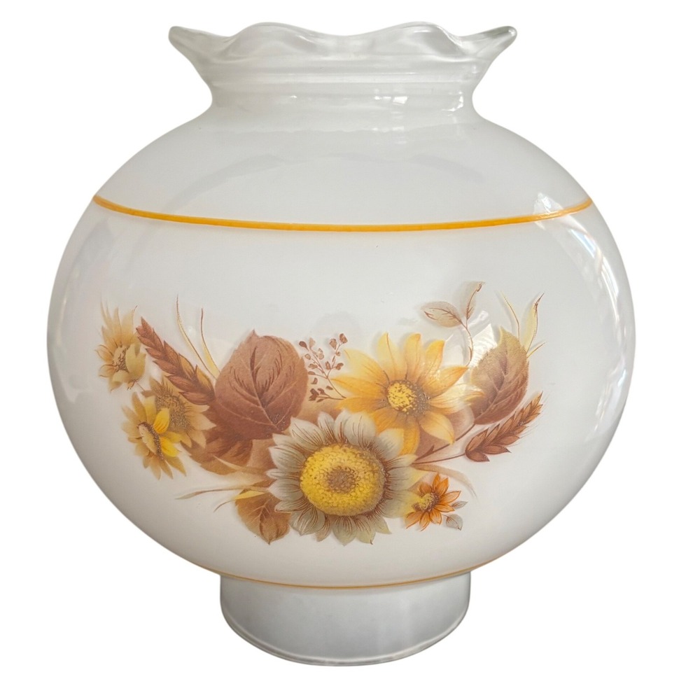 Vintage Milk Glass Sunflower Wheat Hurricane Lamp Shade | Scalloped Rim | 6.5in